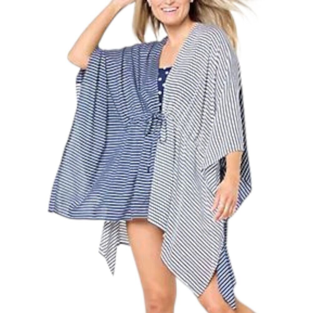 Land's End Navy Striped Viscose Beach Tie Waist Kimono OS